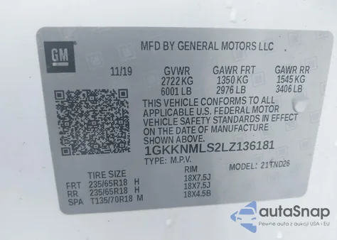 2020 GMC Acadia Fwd Slt из США, поврежденный, VIN 1GKKNMLS2LZ136181